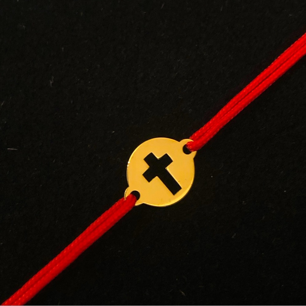24K Gold Holly Cross Baby Bracelet on Red Cotton Thread Against Evil Eye